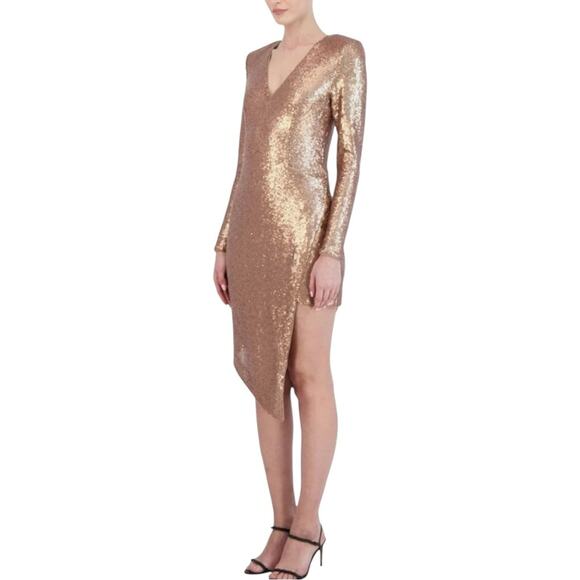 BCBGMAXAZRIA Long Sleeve Sequin Mini Dress V Neck Gold Size 2 Sexy Party - Picture 5 of 9
